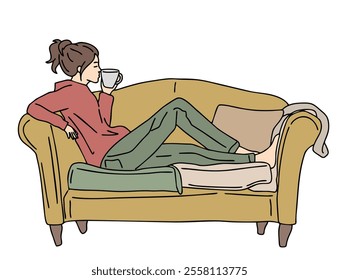 SOMEONE IS RELAXING ON A SOFA CHAIR WHILE DRINKING COFFEE. COOL AND UNIQUE ILLUSTRATIONS SUITABLE FOR YOUR NEEDS. VECTOR FILES