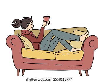 SOMEONE IS RELAXING ON A SOFA CHAIR WHILE DRINKING COFFEE. COOL AND UNIQUE ILLUSTRATIONS SUITABLE FOR YOUR NEEDS. VECTOR FILES
