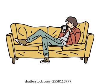 SOMEONE IS RELAXING ON A SOFA CHAIR WHILE DRINKING COFFEE. COOL AND UNIQUE ILLUSTRATIONS SUITABLE FOR YOUR NEEDS. VECTOR FILES