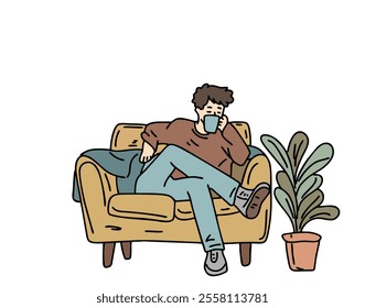 SOMEONE IS RELAXING ON A SOFA CHAIR WHILE DRINKING COFFEE. COOL AND UNIQUE ILLUSTRATIONS SUITABLE FOR YOUR NEEDS. VECTOR FILES