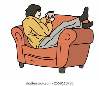 SOMEONE IS RELAXING ON A SOFA CHAIR WHILE DRINKING COFFEE. COOL AND UNIQUE ILLUSTRATIONS SUITABLE FOR YOUR NEEDS. VECTOR FILES