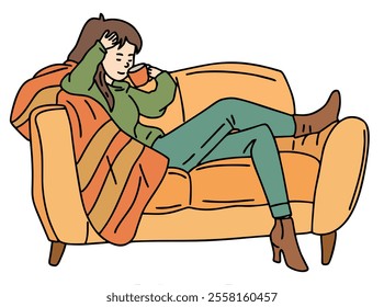 SOMEONE IS RELAXING ON A SOFA CHAIR WHILE DRINKING COFFEE. COOL AND UNIQUE ILLUSTRATIONS SUITABLE FOR YOUR NEEDS. VECTOR FILES