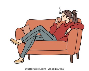 SOMEONE IS RELAXING ON A SOFA CHAIR WHILE DRINKING COFFEE. COOL AND UNIQUE ILLUSTRATIONS SUITABLE FOR YOUR NEEDS. VECTOR FILES