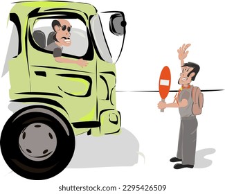 Someone is signaling a truck driver to stop on a road