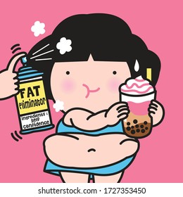 Someone Spraying Fat Eliminator To Overweight Big Tummy Woman While She Holding A Cup Of Bubble Milk Tea With Whipped Cream Isolated On Pink Background Concept Card Character illustration