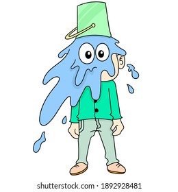 someone is standing, splashed with water from a bucket, character cute doodle draw. vector illustration