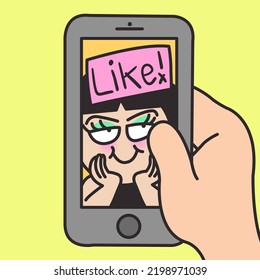 Someone Swipe, Click Or Choose Like On A Cute Charming Girl On Smartphone Display Concept Card Character illustration