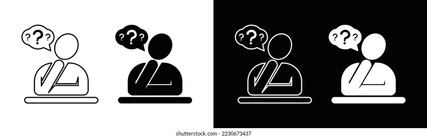 Alguien está pensando en un vector de iconos. La gente piensa que algo está cantando. Gente con signo de interrogación. Pensamiento confuso, positivo, burbuja de voz en estilo plano y contorno, ilustración vectorial