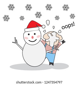 Someone throw snowball at the pig face,vector illustration hand drawn.