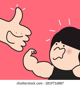 Someone Thumbs Is Raised As A Sign Of Support To A Girl Who Showing Her Strong Biceps Concept Card Character illustration