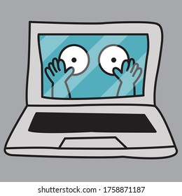 Someone Trapped Behind A Laptop Screen Trying To Get Out And Calling For Help Concept Card Character illustration