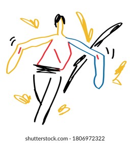 Someone walk with color shape. Abstract primary color and minimalism vector art for print Contenporary hand drawn. Isolated on withe. 20s and 50s Style art Mondrian and Keith Harring vibes.