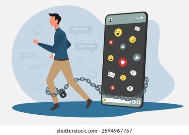 Someone who is addicted to playing social media on a smartphone concept. Man tied to his smartphone with chain.