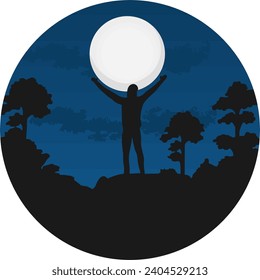 alguien que está solo mirando la luna de noche. Con siluetas negras, nubes oscuras y luz de luna blanca