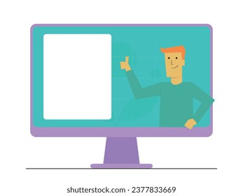 someone who is explaining via computer.  flat illustration.  thumbs up
