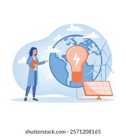 Someone who explains renewable energy sources. Solar panels, globes, and wind turbines for electricity generation and environmental conservation. Sustainability concept. Flat vector illustration.