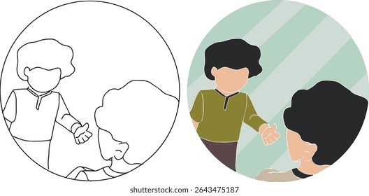 Someone who extends a hand to invite acquaintance in a round frame Vector