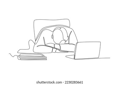 someone who falls asleep while working, due to stress and lack of support. simple continuous line, work, office boy
