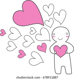 Someone who hold the pink heart with many hearts on white background.