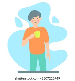 someone who is standing holding a drink cup. flat style simple vector illustration. cartoon style. cute character. themes: breakfast, morning, rest time, hobbies, relaxing, me time, coffee time, tea