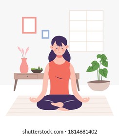 Someone who stays in the house and meditates. Modern interior, brightly colored meditation illustrations.