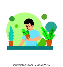 someone who is taking care of potted plants. plant lover. decorative plants. indoor plants. vector. simple design. flat design. illustration. hobby. holiday. relax. refreshing. me time