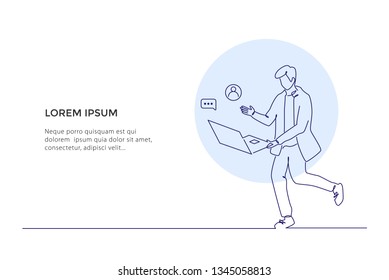 Someone work and interacting with, icons and devices. Mobile application and website header images on white background. - Vector