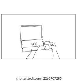 someone working on electronic thing with tea line drawing on illustrator