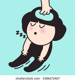 Someone's Hand Dragging Bag Shaped Lazy Sleeping Girl Concept Card Character illustration