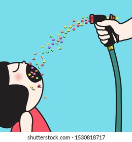 Someone's Hand Feeding A Girl With Button Chocolate Candies Using A Rubber Hose Concept Card Character illustration