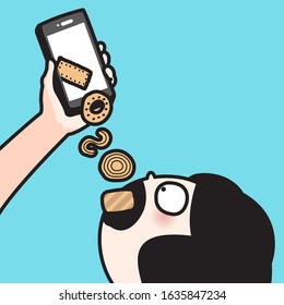 Someone's Hand Feeding A Girl With Cookies Or Biscuits From A Smart Phone Concept Card Character illustration
