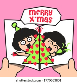 Someone's Hand Opens Christmas Tree Pop up Card Concept Card Character illustration