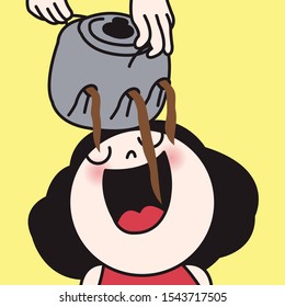 Someone's Hand Pouring Coffee From Pot Into Girl's Mouth. Coffee Addicted Person Concept Card Character illustration