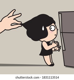 Someone's Hand Pulling Hair From Head Of A Hungry Girl Who Is Opening The Fridge Door Concept Card Character illustration