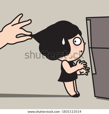 Someone's Hand Pulling Hair From Head Of A Hungry Girl Who Is Opening The Fridge Door Concept Card Character illustration