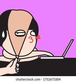 Someone's Hand Pulling Zip Fastener Down On Awake Girl's Face To See Her Sleepy Eyes Inside Concept Card Character illustration