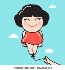 Someone's Hand Releasing Smiling Happy Girl Shaped Balloons At Bright Blue Sky. Concept Of Sharing Happiness Card Character illustration