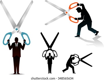 Something to Cut-Abstract concept of corporate cutting - Man holding large scissors.