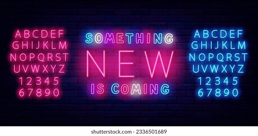 Something new is coming neon label. Glowing sign on brick wall. Great information. Light pink and blue alphabet. Online newspaper headline. Light emblem. Upcoming events. Vector stock illustration