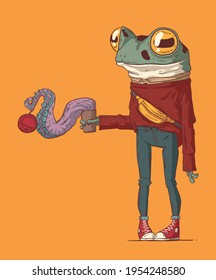 Something's wrong with this Latte. Vector illustration. Creepy coffee. Anthropomorphic hipster frog holding a cup of coffee with huge tentacle climbing out of it. Quirky morning coffee