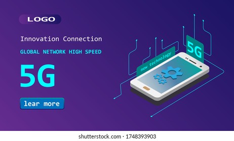 sometric concept includes smartphone, text 5G technology. Isometric 5G network wireless systems and internet vector illustration. Global network high speed innovation connection data rate technology.