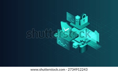 sometric cybersecurity illustration with secure digital system, data protection shield, lock icon, analytics dashboard, and network infrastructure. Technology concept for information security, privacy, and risk management.