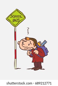 Somewhat depressed boy waiting for the school bus. Character of boy, funny style, isolated.
