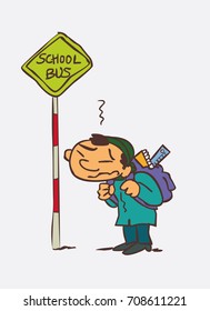 Somewhat depressed boy waiting for the school bus. Character of boy, funny style, isolated.