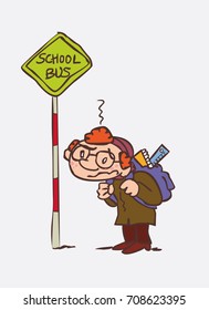 Somewhat depressed boy waiting for the school bus. Character of boy, funny style, isolated.
