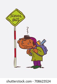 Somewhat depressed boy waiting for the school bus. Character of boy, funny style, isolated.
