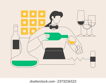 Ilustración del vector conceptual abstracto de un sumiller. Wine steward, experto en restaurantes, servicio de vinos, carta de alimentos, certificación, gremio internacional, botella de vidrio, sirven bebidas metáforas abstractas.