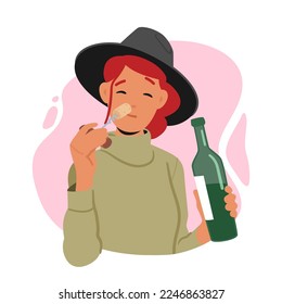 Sommelier Alcohol Drink Degustation Process, Female Character Tasting Wine, Sniff Cork. Specialist with Beverage in Bottle Isolated on White Background. Cartoon People Vector Illustration