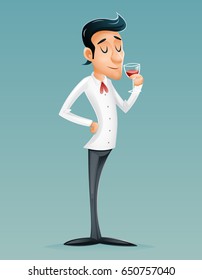 Sommelier Cartoon Gentleman Savor Drink Glass Relish Brew Wine Alcohol Icon Retro Vintage Design Cartoon Vector Illustration