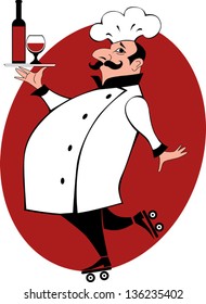 Sommelier in chef uniform and on roller skates bringing a tray with wine and a glass, vector cartoon